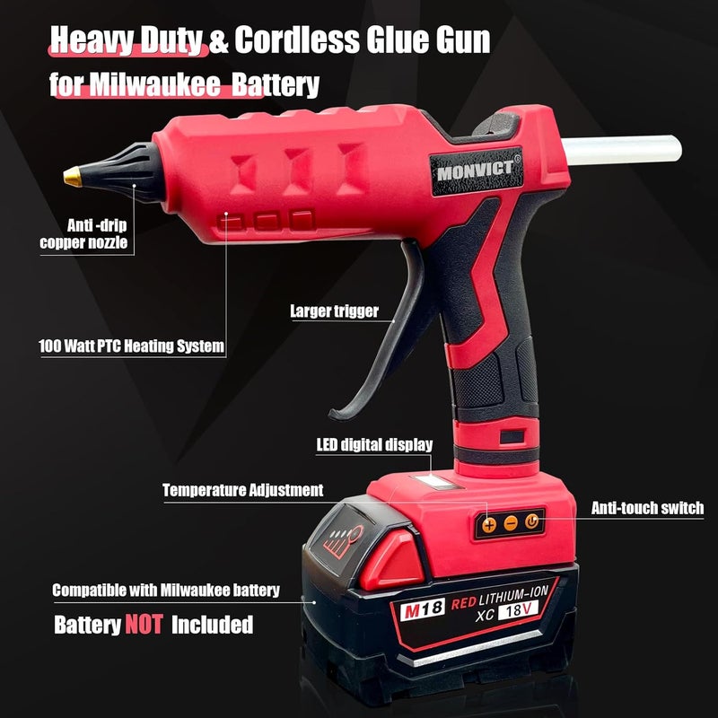 MONVICT 100W Cordless Glue Gun for Milwaukee 18V Battery, Upgraded Digital Temperature Adjustable Handheld Electric Power Full Size Heavy Duty Hot Glue Gun with 10 Glue Sticks (Tools only) - Image 3